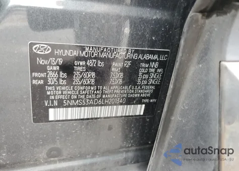 2020 Hyundai Santa Fe Limited z USA, uszkodzony, nr VIN 5NMS53AD6LH201340